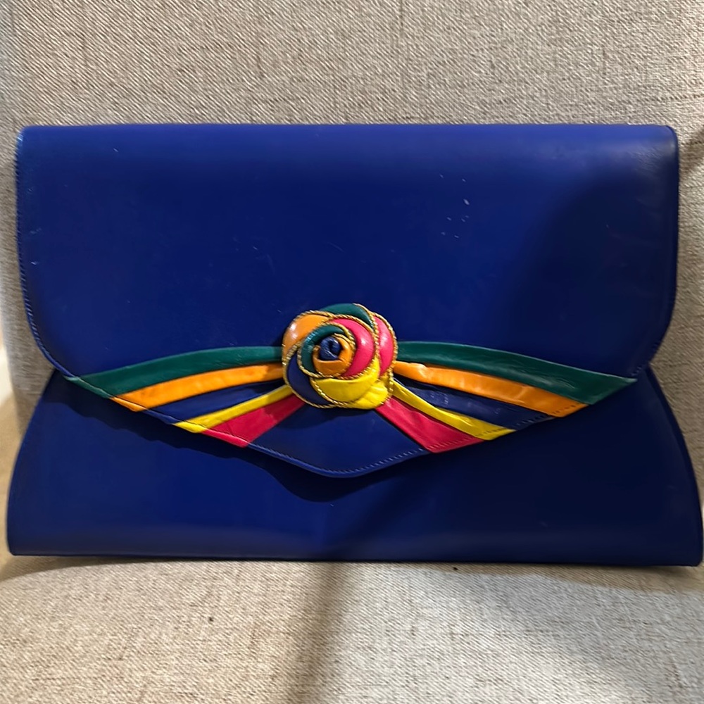 Vtg Fabulous Brian Jeffrey blue flowered clutch bag missing strap